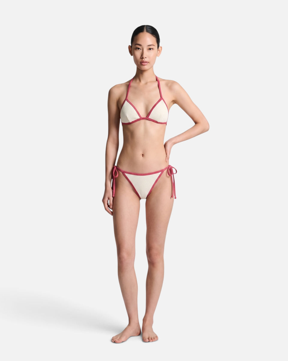 Bikini top con ribete en contraste y lazo / Marfil Rosa