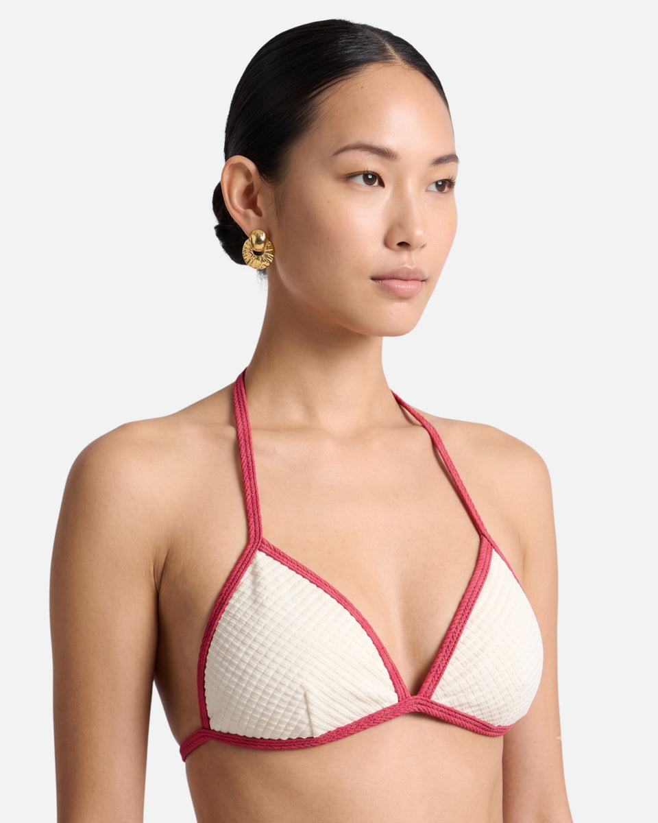 Bikini top con ribete en contraste y lazo / Marfil Rosa